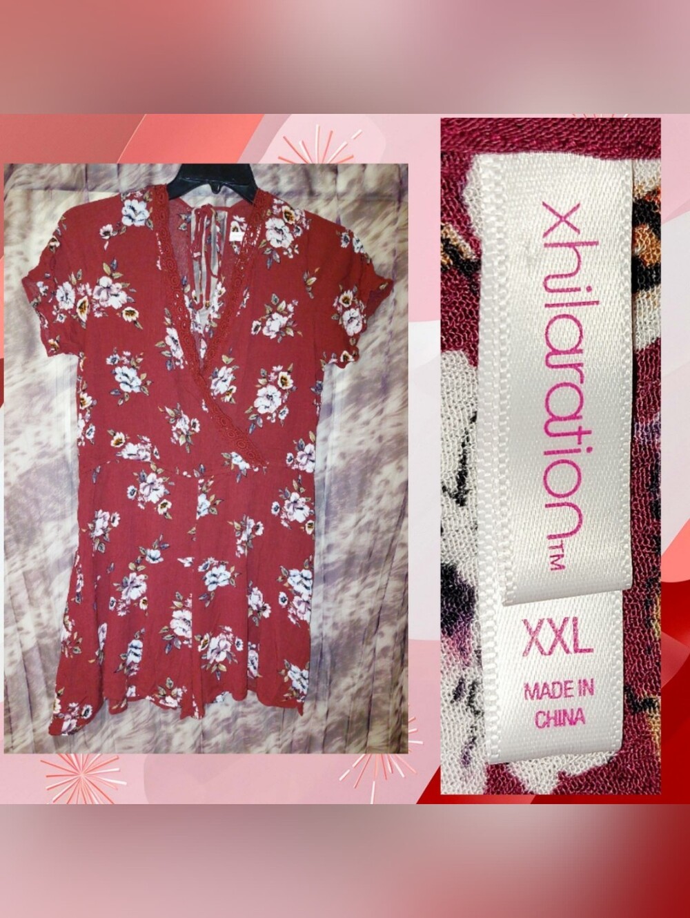 Xhilaration Burgundy/White/Multicolors Floral Soft Crinkle Woven Romper XXL(19)
